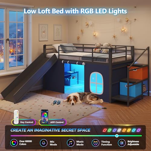 DICTAC Low Loft Bed with Slide,Storage Stairway and Led Lights Metal Twin Size Loft Bed with Under-Bed Play Space,Art Table & Play Curtain Twin Beds with 2 Drawers and 13.8''H Safety Guardrail,Black DICTAC