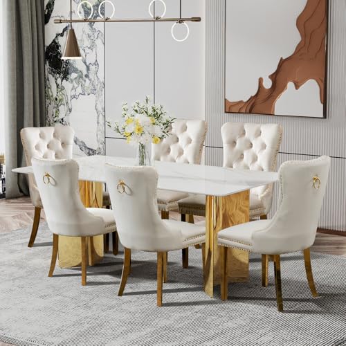 Shenyon Modern Dining Table Set for 6, White Faux Marble Glass Dining Room Set, 71” Rectangular Kitchen Table with 6 Beige Velvet Dining Chairs, Kitchen & Dining Room Set Shenyon