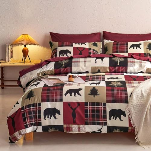 Wake In Cloud - Rustic Comforter Set, Cabin Christmas Lodge Western Country Bear Deer Moose Woodland RV Outdoor Theme, Soft Lightweight Bedding, 3 Pieces, Burgundy Black, California King Size Wake In Cloud