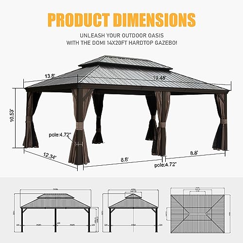 Domi Outdoor Living 14x20FT Hardtop Gazebo, Permanent Metal Gazebo with Galvanized Steel Double Roof and Aluminum Frame, Curtain and Netting, Large Pavilion Gazebo for Patio Deck Garden domi outdoor living