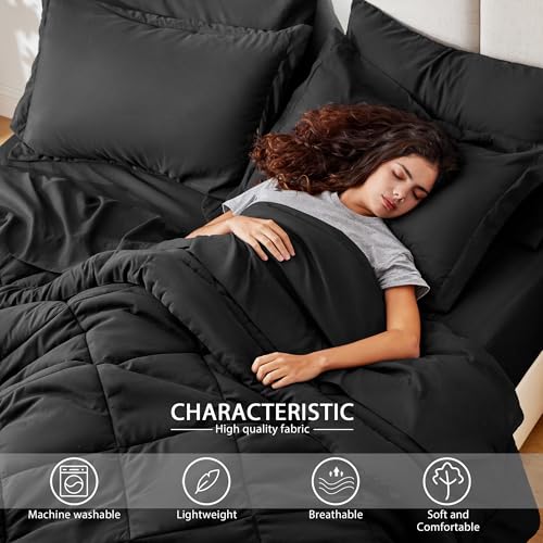 Love's cabin Full Comforter Set Black, 7 Pieces Full Bed in a Bag, All Season Bedding Sets with 1 Comforter, 1 Flat Sheet, 1 Fitted Sheet, 2 Pillowcase and 2 Pillow Sham Love's cabin