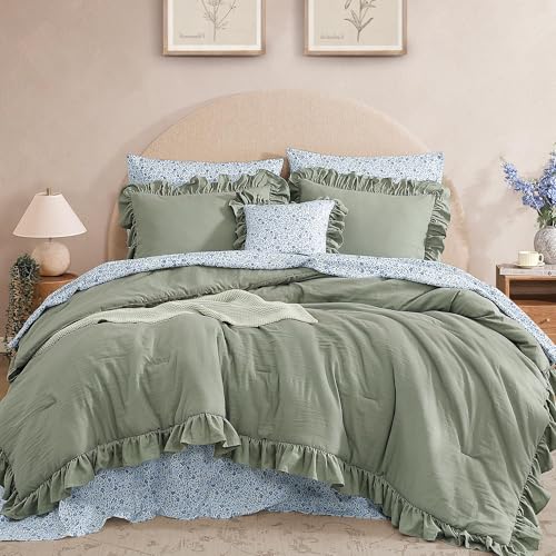 BLOOMHAVEN Full Comforter Set - 7 Pieces Ruffle Sage Green Bedding Sets, Shabby Chic Farmhouse Bed in a Bag Full with Ruffle Comforter, Floral Sheets, Pillowcases & Shams BLOOMHAVEN
