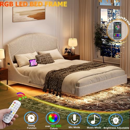 Ailisite Full Size Floating Bed Frame with LED Lights and Charging Port, Visual Floating LED Bed Frame with Curved Cloud Headboard, White Boucle Upholstered Platform Bed Full Size Frame, Heavy Duty Ailisite