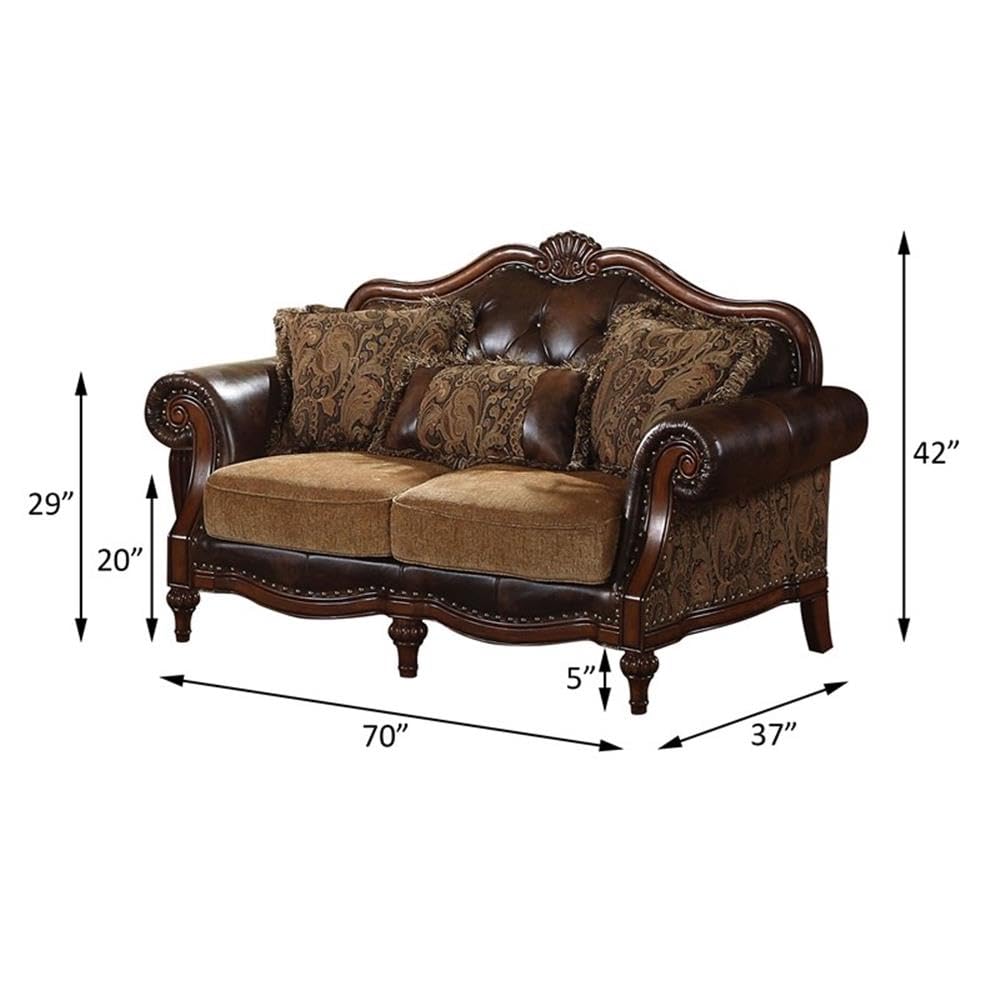 Acme Dreena Rolled Arm Upholstered Loveseat with 3 Pillows in Brown Faux Leather Acme