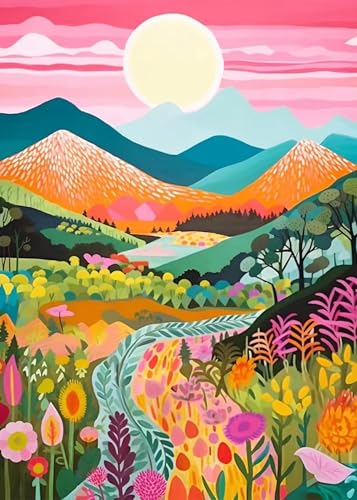 MjhRcll Abstract Landscape Stamped Cross Stitch Kits,Mountain Flowers Cross Stitch Ornament Kits for Adults Beginners, Counted Embroidery Needlepoint Kits Home Decor 12x16 Inch