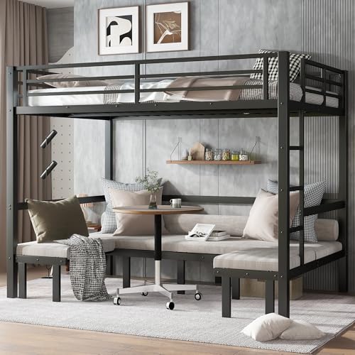 Loft Bed Queen Over Queen Size Pull-Out Metal Bunk Bed for Adults & Teen with U-shaped Sofa, Heavy Duty Bunk Bed Frame lower Bunk Can be Pulled Out in Three Sections, Safety Guard & Ladder (Queen) Astrivia