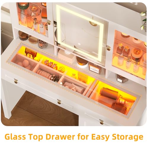 Semoic White Makeup Vanity Desk with LED Mirror and RGB Lights and Power Outlet, Morden Glass Top Vanity Table with Drawer & Storage Cabinet & Adjustable Shelves, Large Dressing Table for Bedroom Semoic