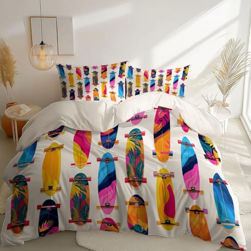 White Printed Duvet Cover for Kids Girls Women Blossom - Soft and Breathable Cartoon Skateboard Minimalist Bedding Set, Quilt Cover Single Size Room Decor with 2 Pillow Case Generic