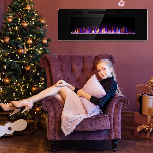 Electactic 42 Inch Electric Fireplace Insert Ultra-Thin - Recessed & Wall-Mounted Fireplace Heater with Thermostat, Adjustable Flame, Remote Control - Linear with Timer, Touch Screen, 750/1500W Electactic