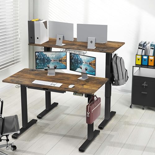 SHW 48-Inch Electric Height Adjustable Standing Desk with Drawer, Memory Preset and Cable Management Tray, Rustic Brown SHW