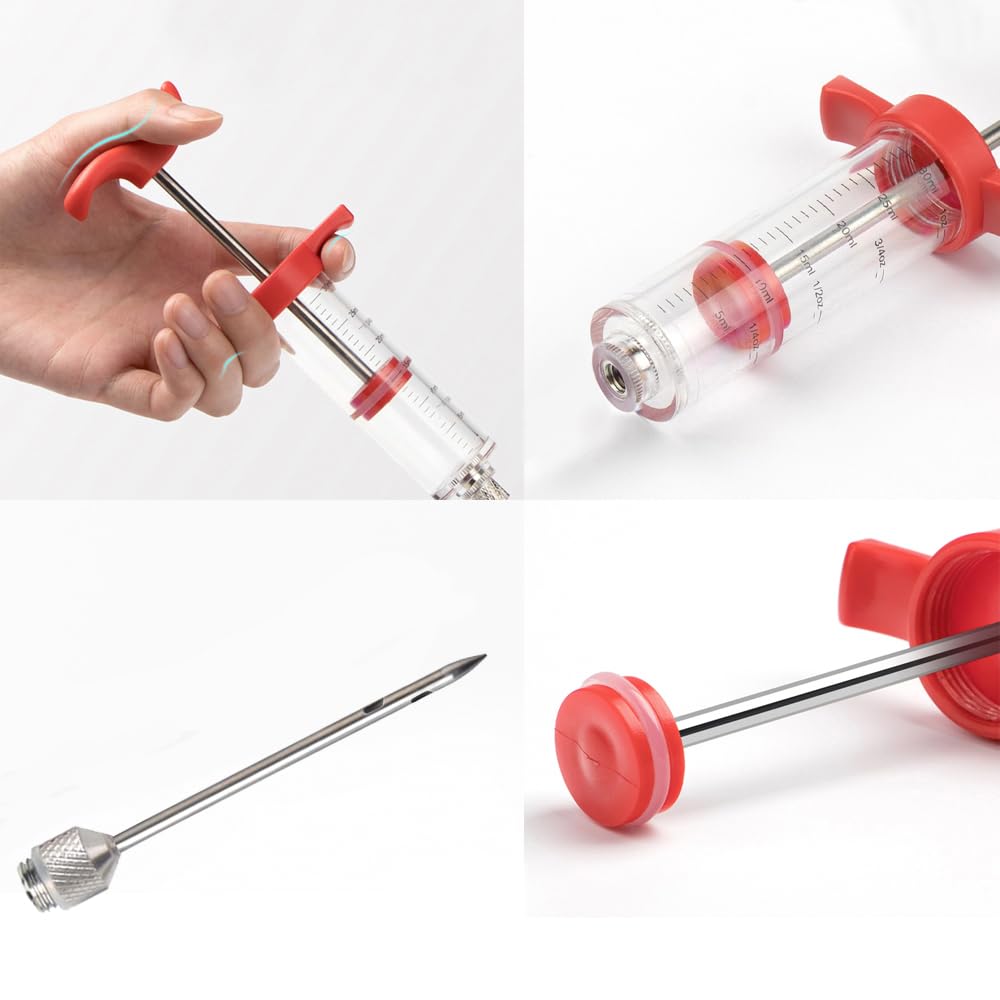 Plastic Meat Injector, Turkey Injector Syringe, Marinade Injector Turkey Injection Kit, Meat Injectors for Smoking, BBQ Grill Injector, Red 1oz (1 Injector 1 Needle) Ruiwin