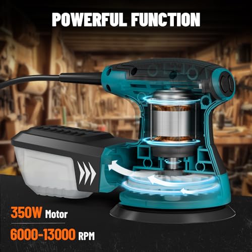 DOVAMAN ROS01A Orbital Sander, 3A Random Orbit Sander, 6 Variable Speeds, Up to 13000 rpm, 12pcs Sandpapers, 5in Sanding Pad, Dust Collection, Electric Sander Perfect for Woodworking DOVAMAN