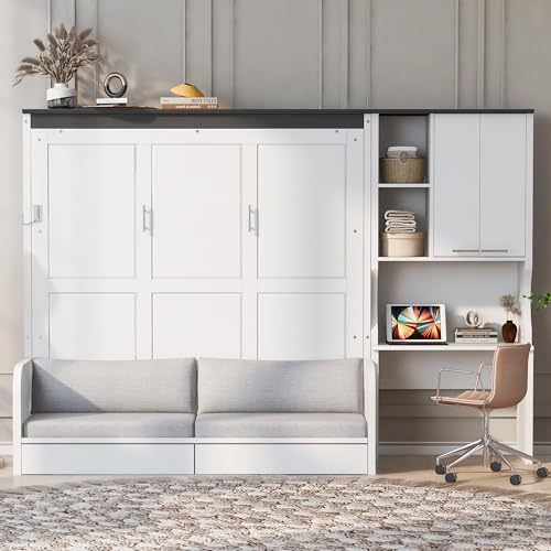 Merax Queen Size Wood Murphy Bed with Upholstered Sofa & Desk, Multifunctional Foldable Wall Platform Bed for Guest-Room, Bedroom, Space Saving, White+ Gray Merax