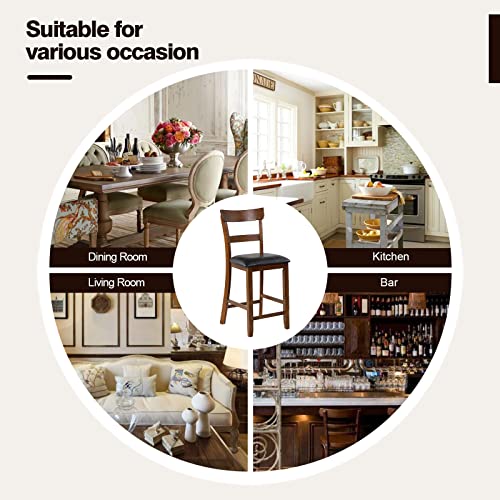 NAFORT Counter Height Bar Stools Set of 4, Farmhouse 25.5” Wood High Dining Chairs, Counter Stools with Back for Kitchen Restaurant Bar, Rubberwood Legs & Black PU Leather Cushion NAFORT