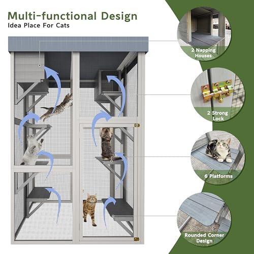 YOPTO 70.5" H Catio Outdoor Cat Enclosure,Cat House with Waterproof Roof and Large Enter Door,Wooden Shelter W/ 6 Jumping Platforms & 2 Napping Houses,Cats Cage for Walk in Kitten Kennel,Gray YOPTO