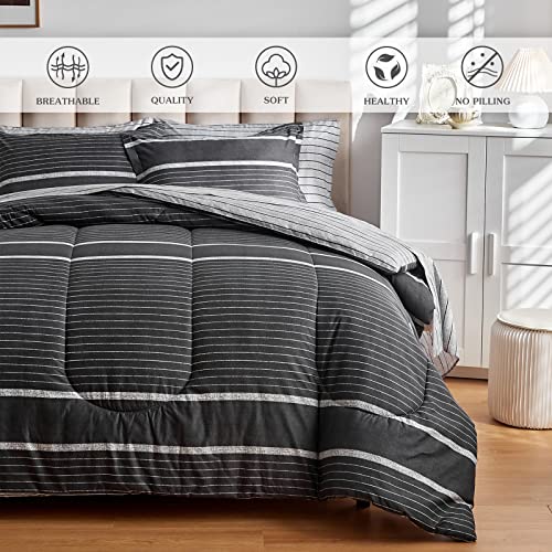 Flysheep 3 Pcs Boho Striped Comforter Set Twin Size for Kids, White Striped on Black Dark Grey Soft Microfiber Reversible Bedding Set for All Season Flysheep