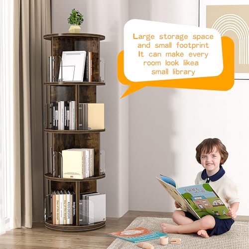 VECELO Rotating Bookshelf Tower, 360°Revolving Bookcase, Round Book Shelf Rotating, Stackable Storage Display Rack Floor Standing, Ideal for Home Office, Brown VECELO