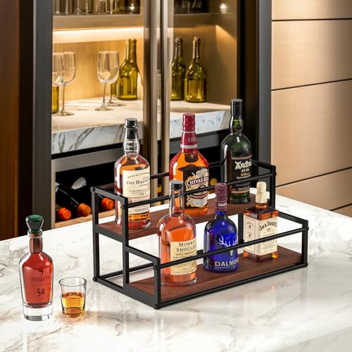 THYGIFTREE Liquor Bottle Display Shelf 2 Tier Liquor Rack Holder Bar Shelf Stand for Liquor Organizer Countertop Liquor Risers Storage Shelves Wine Rack for Whiskey THYGIFTREE