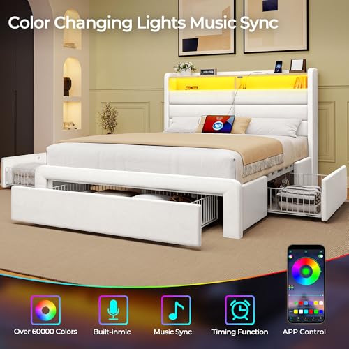Seventable Twin Size Bed Frame with 3 Storage Drawers & Charging Station, Upholstered Platform Bed with Storage Headboard and LED Light, No Box Spring Needed, Noise Free, Easy Assembly, Cream White Seventable