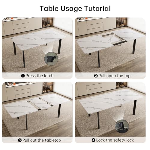 HIPIHOM Extendable Dining Table Set for 6-8 People, 63 to 78.7 Inch MDF Kitchen Table with 6 Upholstered Chairs, Space-Saving for Dining Room, Breakfast Nook (White Table & 6 Black U-Shaped Chairs) HIPIHOM