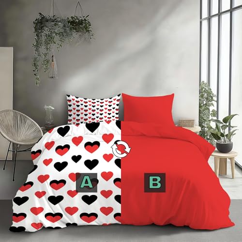 DLERFLOVR Single Duvet Cover, Black and Red Heart Reversible Quilt Cover - So Soft Polyester Fabric - Minimalist Style Bedding Sets with Pillow Cases for Boys, Girls and Children, Red DLERFLOVR
