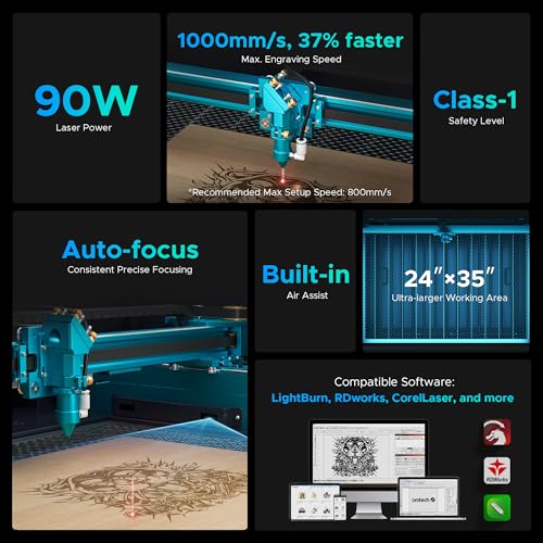 OMTech Pronto 90W CO2 Laser Engraver & Cutter – 35"x24" Workspace, 1000mm/s Speed, Autofocus, Air Assist, 2-Way Pass, for Wood, Acrylic & More OMTech