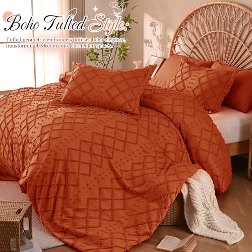 Manyshofu 5Pcs Boho Full Duvet Cover Set - Tufted Burnt Orange Duvet Cover Pattern, Shabby Chic Boho Bedding Set Textured Comforter Covers with Embroidery Pillow Shams Manyshofu
