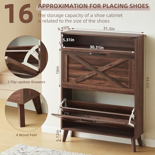 Joaxswe Shoe Storage Cabinet with 2 Flip Drawers, Farmhouse Shoes Organizer for Entryway, Narrow Hidden Shoe Rack with Legs & Open Storage, Freestanding Shoe Closet for Foyer, Hallway, Brown Walnut Joaxswe