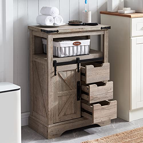 OKD Bathroom Floor Cabinet, Farmhouse Storage Cabinet with Sliding Barn Door & Storage Drawers, Small Storage Cabinet for Bathroom, Kitchen, Living Room, Light Rustic Oak OKD