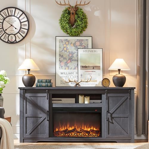 JXQTLINGMU Farmhouse Fireplace TV Stand for 80 Inch TV, 32" Tall Entertainment Center w/Drawer & Sliding Barn Door, 70 Inch Highboy Media Console for Living Room, Black JXQTLINGMU