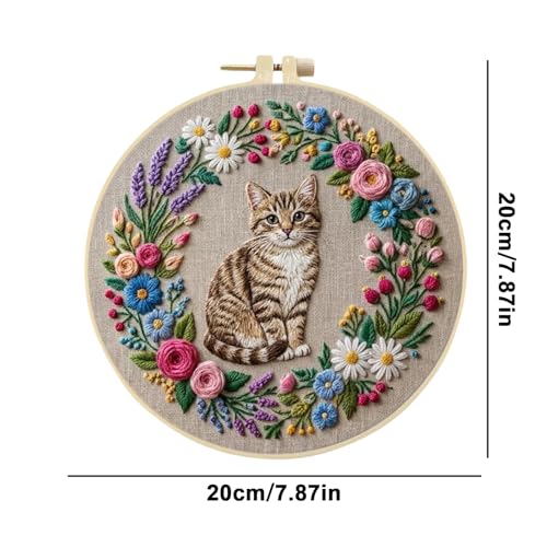 FRANDEK Cute Cat Stamped Embroidery Kit for Beginners Adults, DIY Needlework with Bamboo Hoop Pre-Printed Cotton Fabric, Complete Craft Gift for Women Home Decor