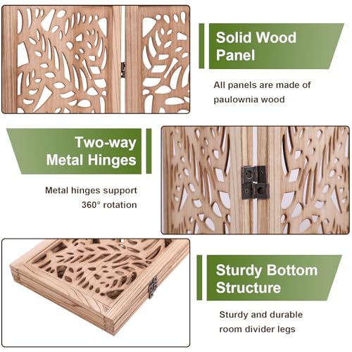 Leaf-Carved Room Divider Folding Privacy Screen, 67 Inch Tall Wooden Carved Room Divider, Portable Divider for Room Separation, Boho Room Partitions for Home Office (Natural) ZFFURN