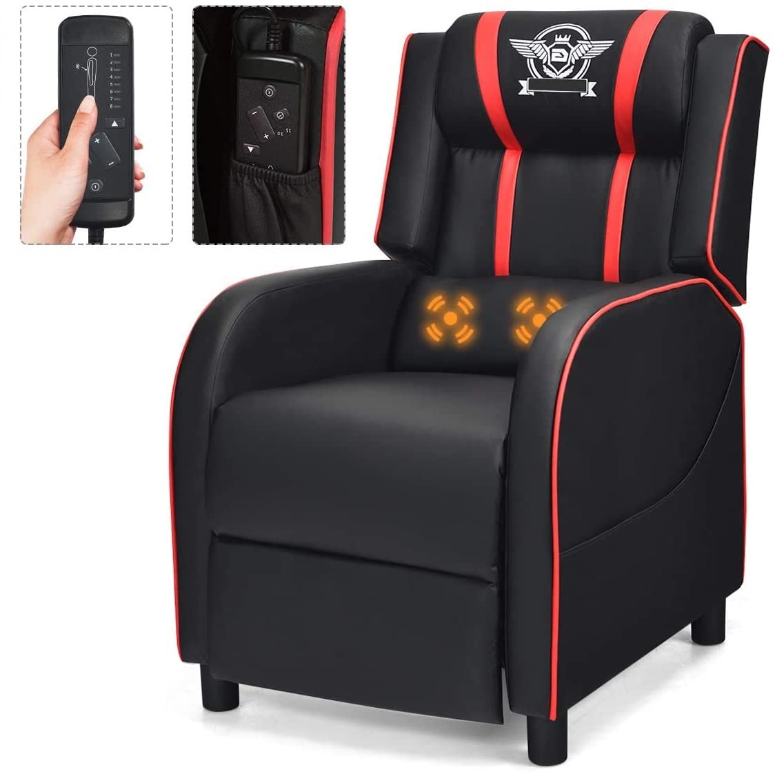 BUSHLY Adjustable Gaming Recliner Chair, Racing Style Massage Single Sofa with Headrest & Lumbar Pillow, PU Leather Video Recliner for Home, Movie Theater, Living Room, Game Room (Red) WoodArtSupply