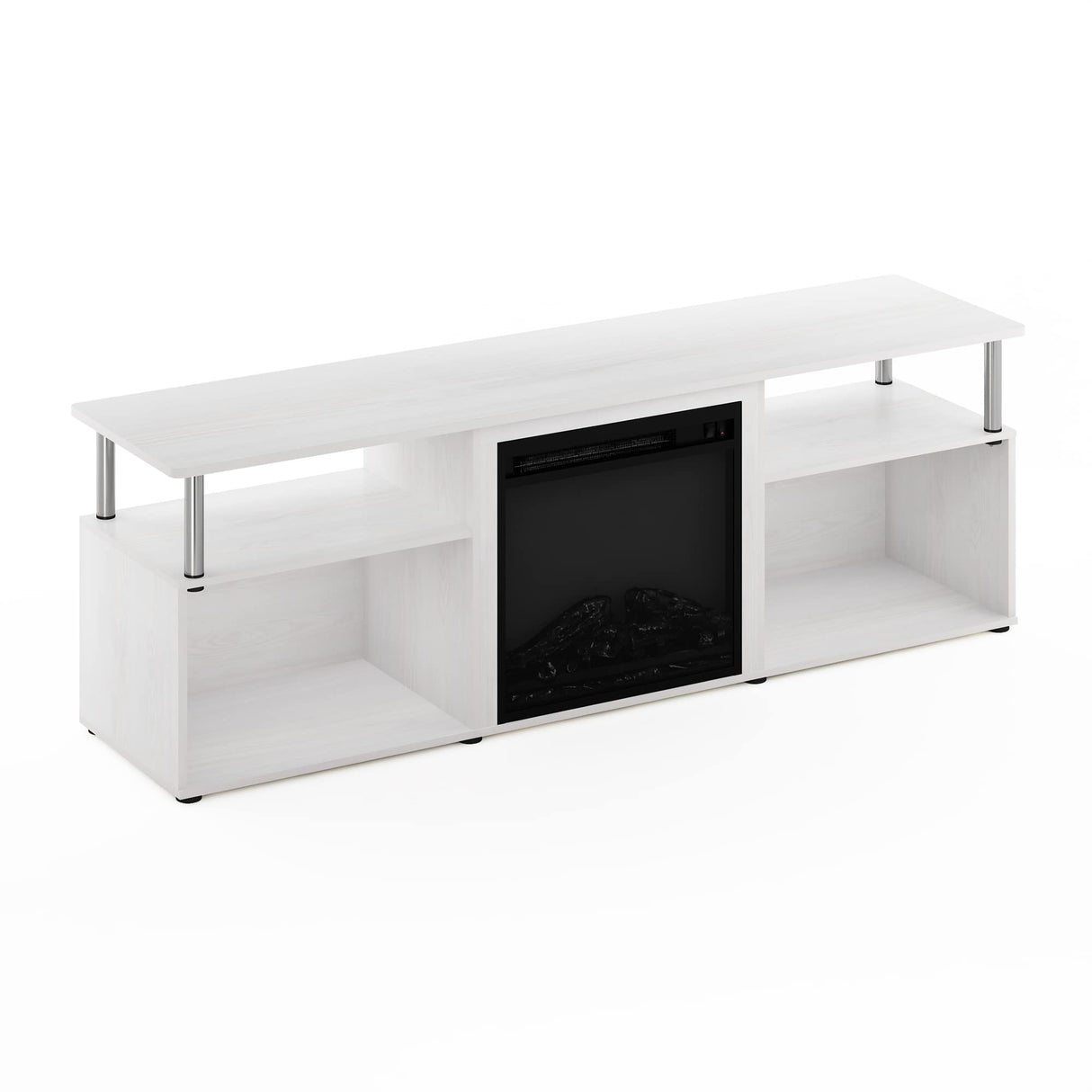 Furinno Jensen Open Storage Fireplace Entertainment Center for TV up to 70 Inch with Stainless Steel Tubes, White Oak/Chrome Furinno