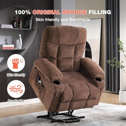 Ultra Wide Power Lift Recliner Chair for Elderly,Rotating Lounge Chair with Hot Massage Heating and Auxiliary Standing Function,Oversized Lazyboy Single Sofa with Cup Holder for Living Room (Brown)
