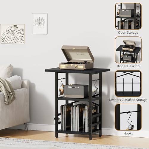 YAKANJ Record Player Stand with Extended Desktop,Large Record Player Table with Vinyl Storage,Turntable Stand with Record Holder Vinyls Display Shelf for Music Room Studio,Modern Black YAKANJ