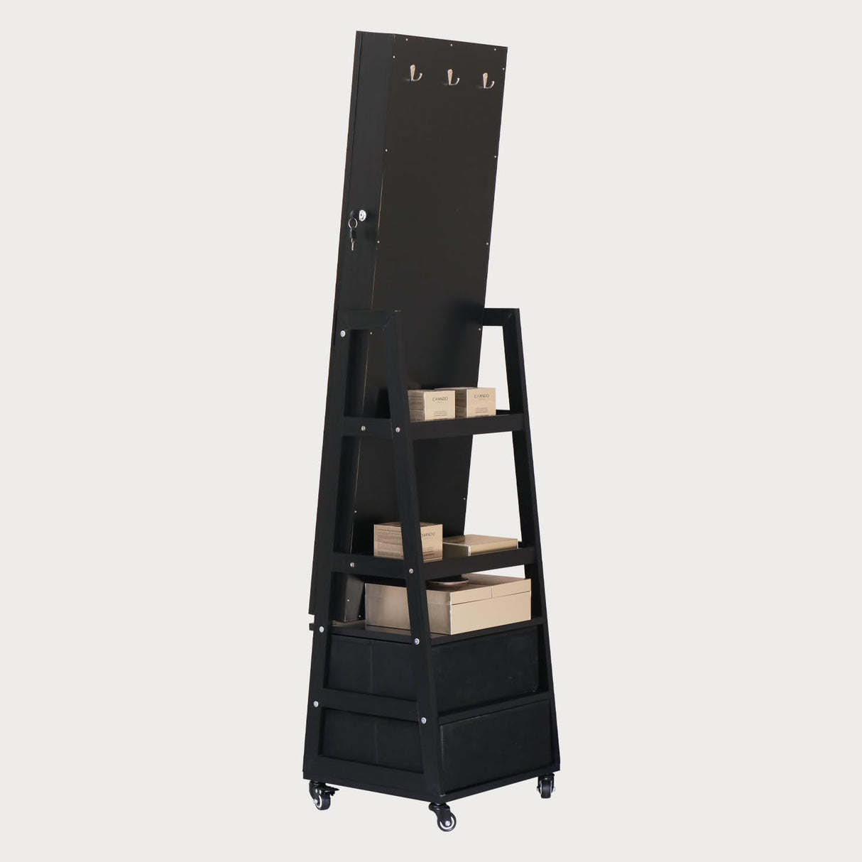 MASMIRE Jewelry Cabinet with Mirror,Full Length Mirror Large Capacity Jewelry Organizer Armoire,Floor Standing Mirror with Back Storage Shelves for Bedroom Black MASMIRE