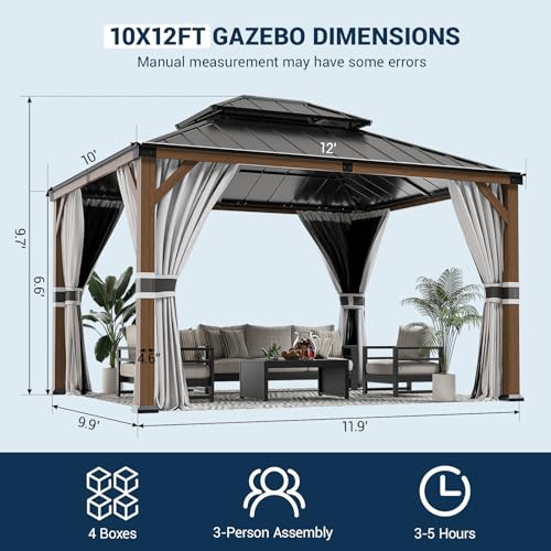UDPATIO 10' x 12' Hardtop Gazebo, Wood Grain Finish Aluminum Frame Outdoor Gazebo with Galvanized Steel Double Roof, Metal Gazebo Canopy with Curtain and Netting for Garden, Patio and Deck, Grey UDPATIO