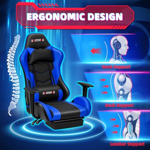 ECOTOUGE PC Massage Gaming Chair with Footrest Ergonomic Office Desk Chair Racing PU Leather Recliner Swivel Rocker with Headrest and Lumbar Pillow, Blue ECOTOUGE