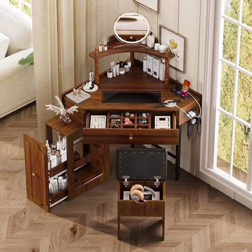 XD Designs Corner Vanity Desk Set with Storage Cushioned Stool, Triangle Makeup Desk with Removable Pull-Out Side Cabinet, Visible Glass Tabletop, Drawer and Charging Station (Walnut-9.8) XD Designs