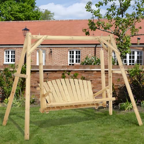 EPICOZY 2-Seat Porch Swing, Wooden Log Patio Swing Chair Bench with Stand, Rustic Hardwood Swing Chair with Curved Back, Wood Seating Porch Swings for Outside Yard, Garden, Deck, Poolside, Natural EPICOZY