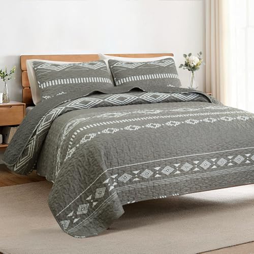 Whale Flotilla Full Queen Size Quilt Set - Reversible Grey Quilts Queen Size with 2 Pillow Shams, Lightweight Boho Striped Bedspreads Coverlet Bedding Set for All Seasons Whale Flotilla