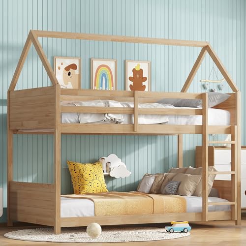 Ball & Cast Twin Over Twin House Bunk Bed for Kids,Rubber Wood Bunk Bed with Headboards, Footboards and Guardrails, Ladder,Twin Size House Shaped Bunk-Bed, No Box Spring Needed,White Oak Ball & Cast