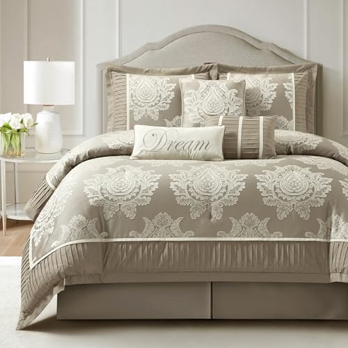 LANCO MODERN LIFESTYLE Beige King Size Comforter Set 7 Pieces, Jacquard Woven with Damask, Bedding Set in a Bag Includes Comforter, Bed Skirt, Pillow Shams, and Decorative Pillows LANCO MODERN LIFESTYLE