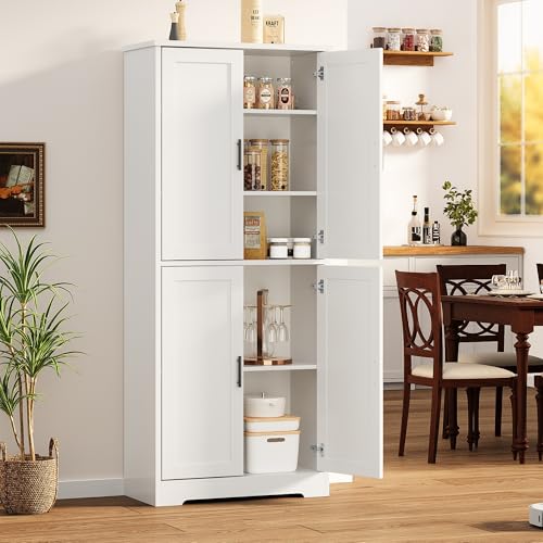 GarveeHome Pantry Cabinet, Freestanding Kitchen Pantry Storage Cabinet,70 in Cupboard, Tall Storage Cabinet with Doors and Adjustable Shelves,for Bathroom, Dining Room, Living Room (White-Classic) GarveeHome