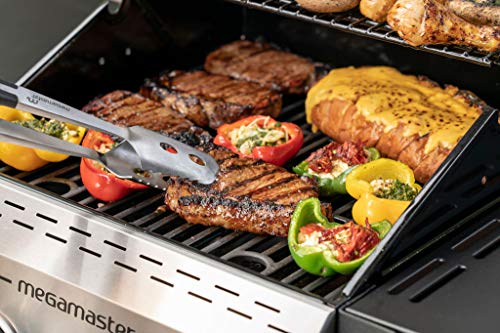Megamaster 2-Burner Propane Barbecue Gas Grill with Foldable Side Tables, Perfect for Camping, Outdoor Cooking, Patio, Garden Barbecue Grill, 28000 BTUs, Silver and Black, 720-0864MA Megamaster