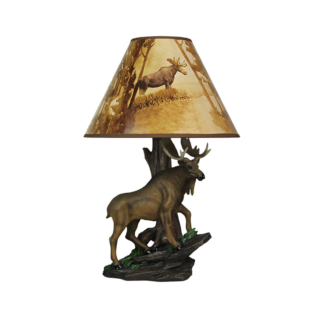 North American Bull Moose Table Lamp with a 12-Inch Diameter Forest Print Shade- Wildlife Decor - Perfect for Living Rooms, Cabins, and Bedrooms - 20 Inches Tall Zeckos