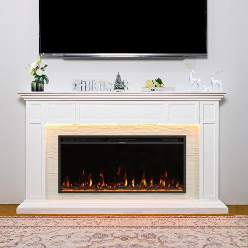 Weyderk 69" Electric Fireplace with Mantel, Fireplace TV Stand with 42" Fireplace Insert for Livingroom/Bedroom, Realistic 3D Flame & 15 LED Colors, Remote Control, 750/1500W Heats, Faux Stone Finish Weyderk