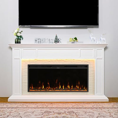 Weyderk 69" Electric Fireplace with Mantel, Fireplace TV Stand with 42" Fireplace Insert for Livingroom/Bedroom, Realistic 3D Flame & 15 LED Colors, Remote Control, 750/1500W Heats, Faux Stone Finish
