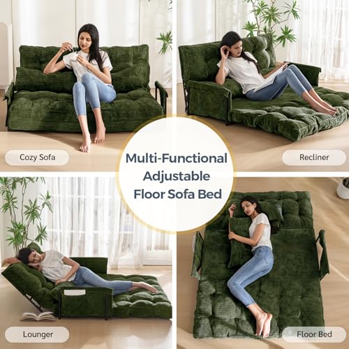 MAXYOYO Adjustable Floor Sofa Couch with 2 Pillows, Multi-Functional Bean Bag Bed, 5-Position Foldable Lazy Sofa Sleeper Bed with Armrest, Versatile Floor Seating for Reading, Dark Green, Double MAXYOYO